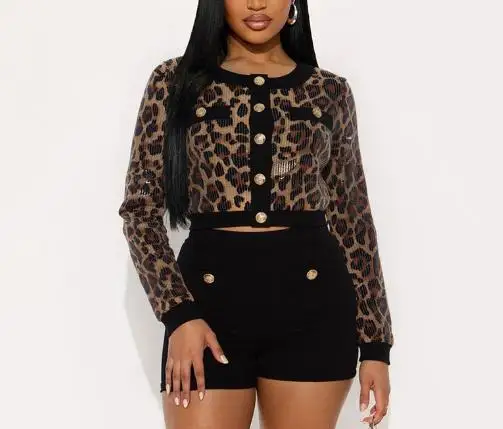 

Two Piece Set Women Outfit 2025 Spring New Leopard Print Sequins Decor Round Neck Long Sleeve Cardigan & High Waist Shorts Set