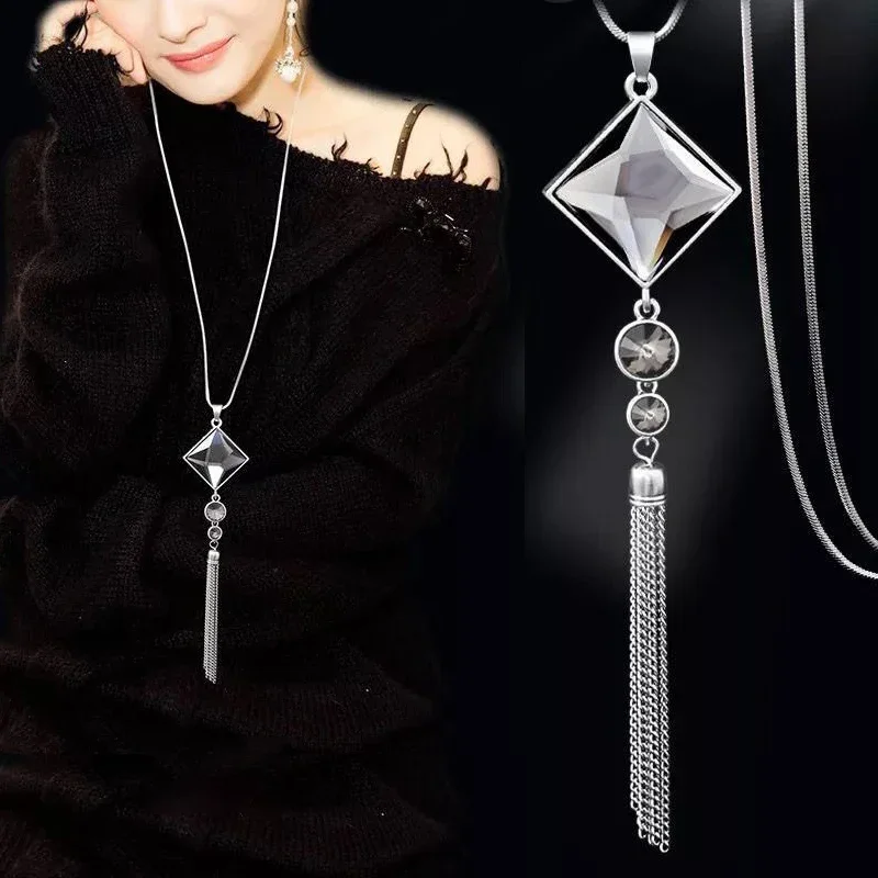 Women Long Tassel Necklaces Collier Femme Maxi Fashion Square Geometric Necklace Statement Colar Accessories Jewelry Gift