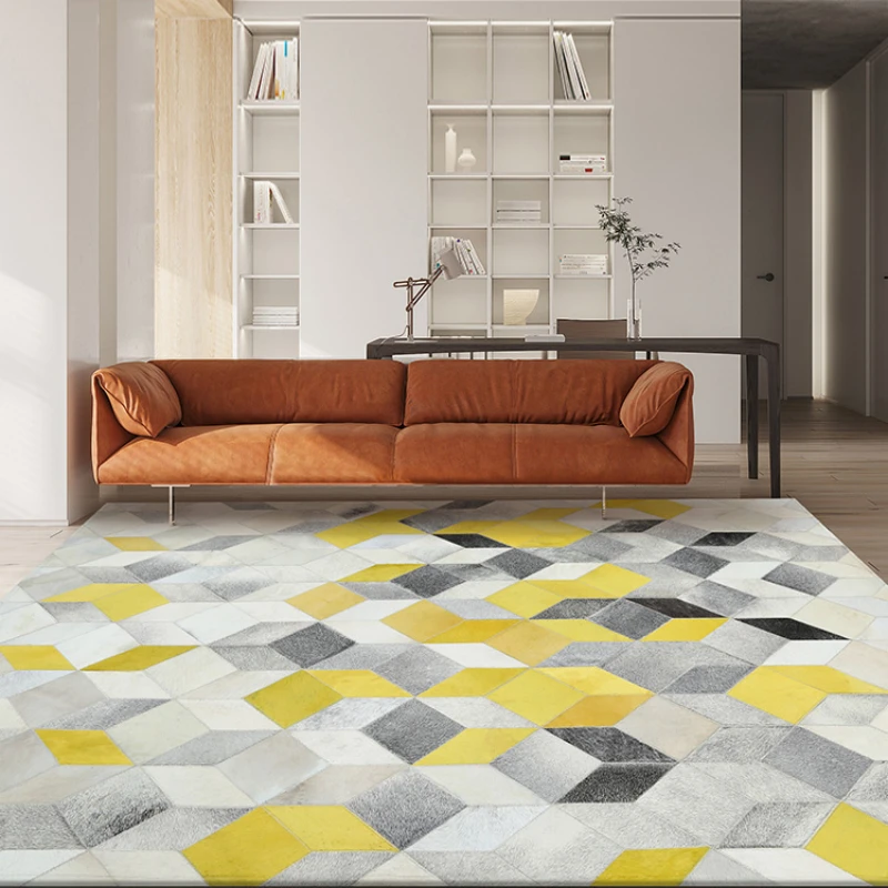 Nordic Modern Cowhide Carpet Yellow Square Splicing Sitting Room Sofa Tea Table Large Area Bedroom Real Leather Bedside Rug