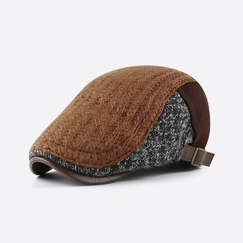 Men\'s Knitted Warm Patchwork Newsboy Hat Beret Cabbie Ivy Adjustable Buckle Gatsby Caps