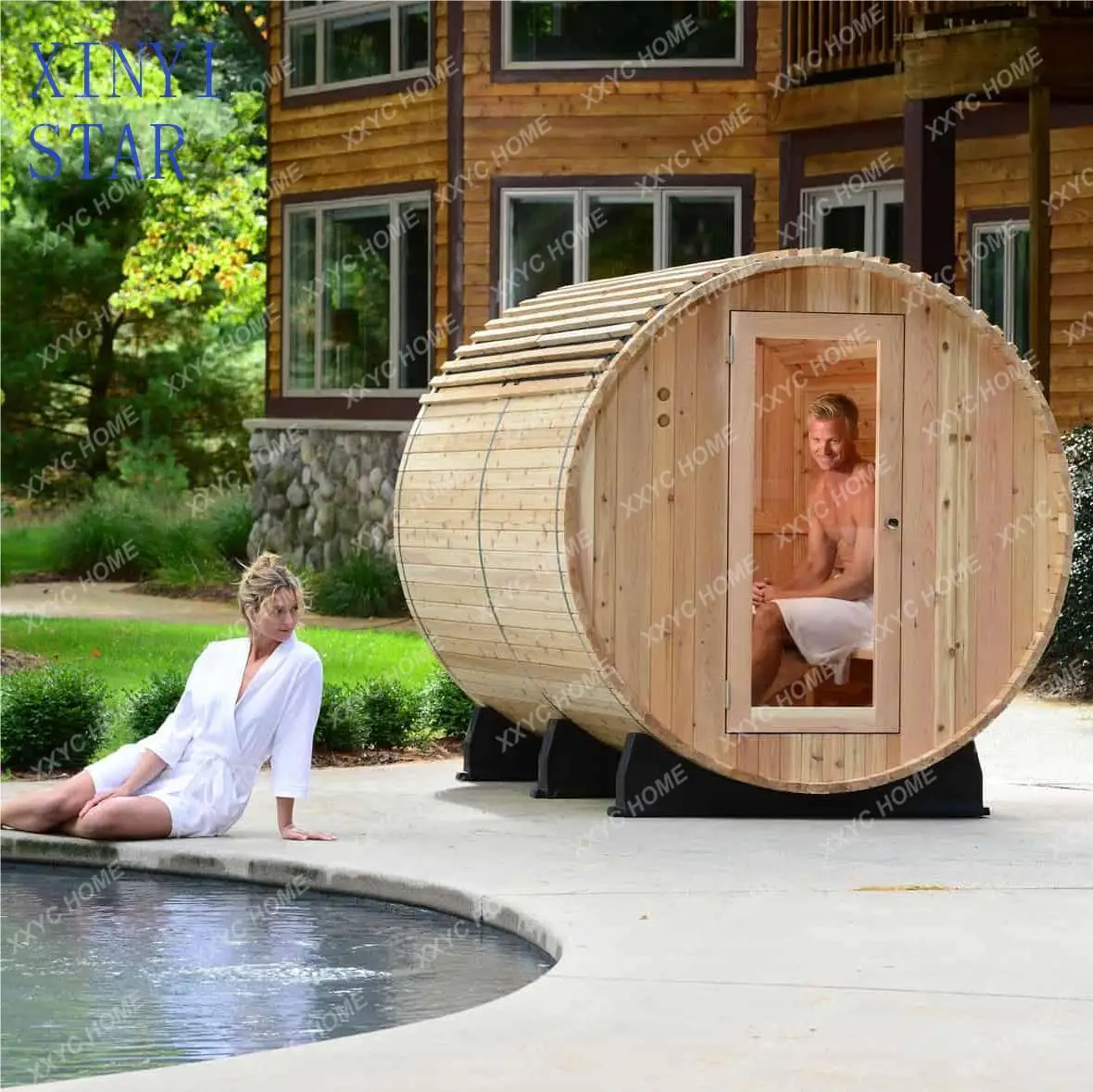 A sale Outdoor traditional panoramic barrel type 4-6 person red cedar steam sauna with backrest