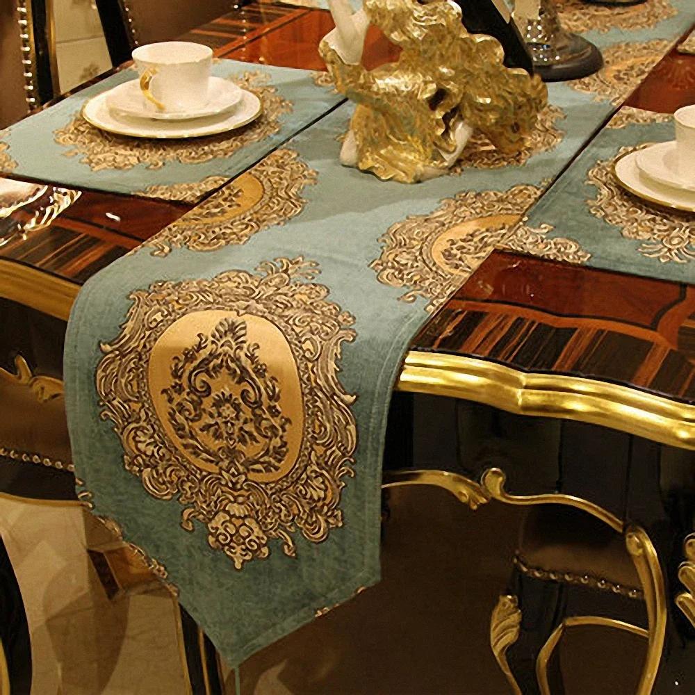 Dark Green Luxury Jacquard Table Runner High Density 3D Embroidery Tablecloth Table Cover European Classical Dining Table Decor