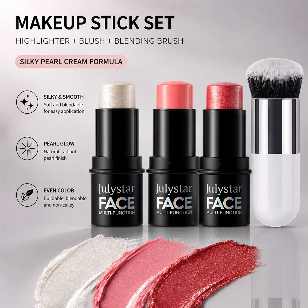 3Pcs Cream Blush Stick Set + Blending Brush, multi‑use for eyes face lips, travel‑friendly buildable daily blush makeup