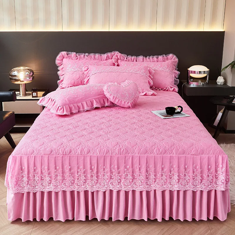 Autumn Winter Princess Lace Warm Padded Bed Skirt Bedspread Anti-slip Mattress Protective Cover Lace 3 Pcs Bedding Sheet Set