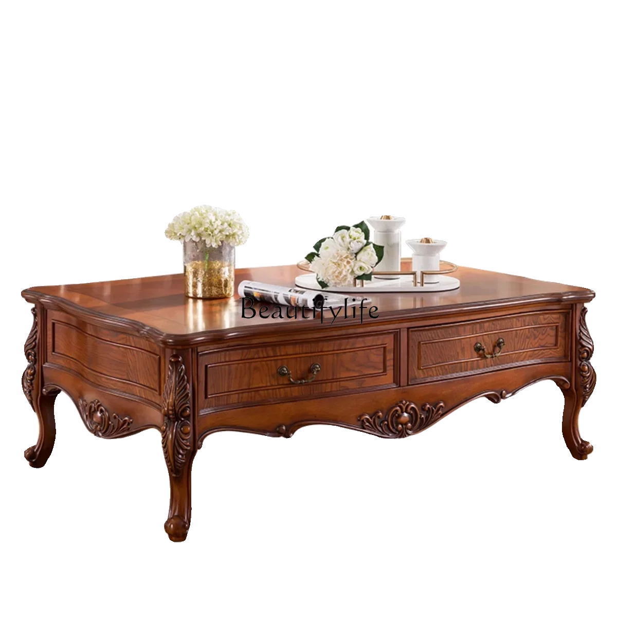 z.American طاولة القهوة الخشبية الصلبة غرفة المعيشة المنزلية تخزين مستطيل منحوتة طاولة شاي كبيرة