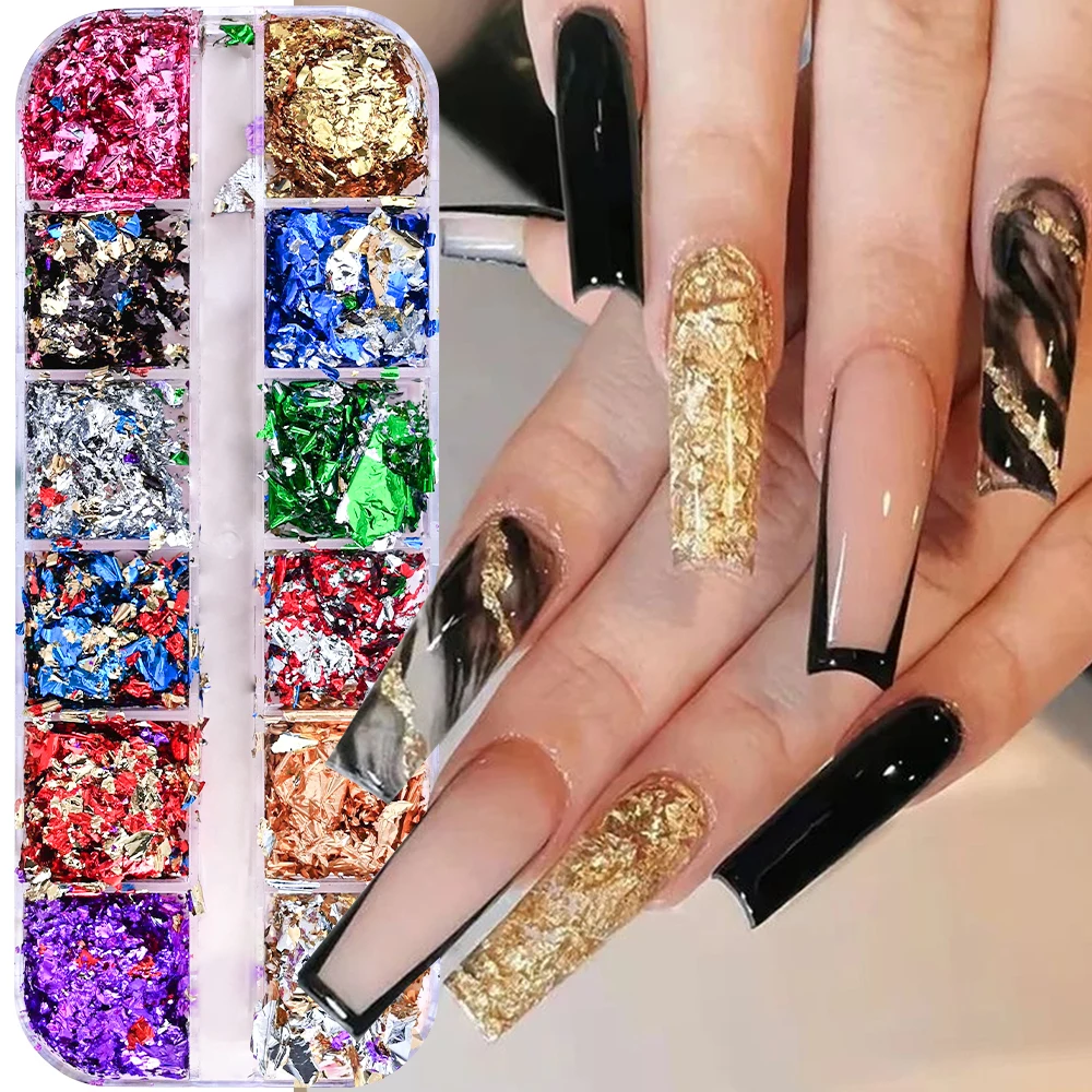 Holographic Nail Glitter Foils 12 Colors Sparkly Ultra-Thin Aluminum Foil Nail Art Flakes Irregular Foils Nail Charms Decoration