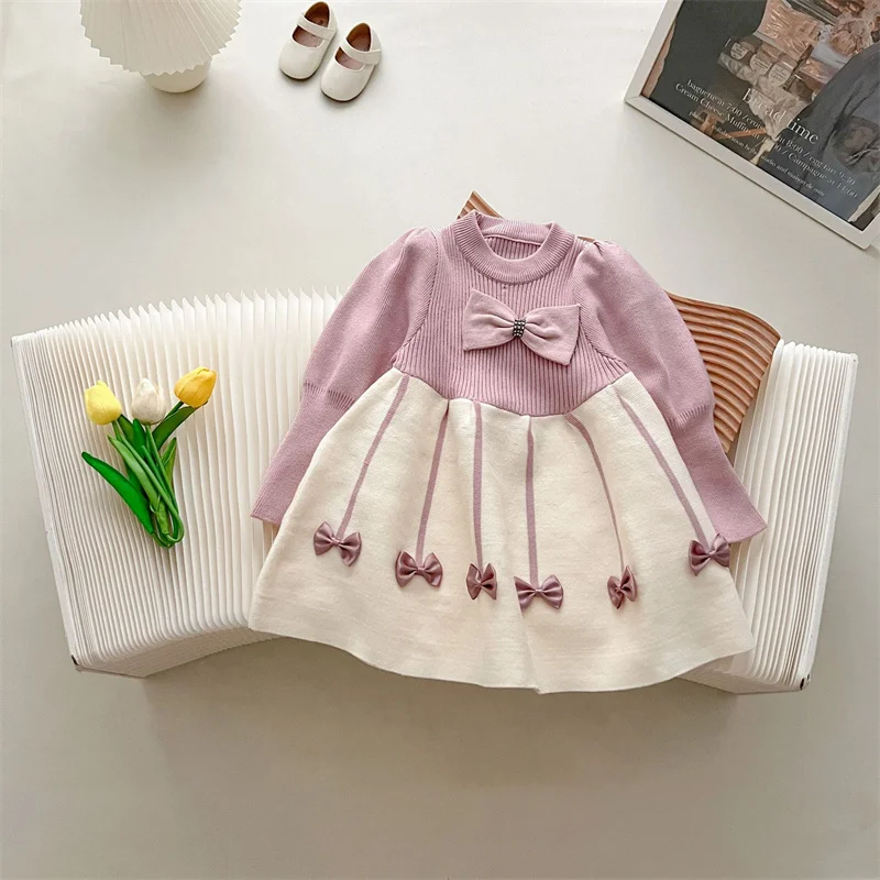 Girls Sweater Dress Children\'s Autumn Winter Knitted Gown New Bow Sweet Princess Vestidos Kids Fashion Warm Cotton Clothing