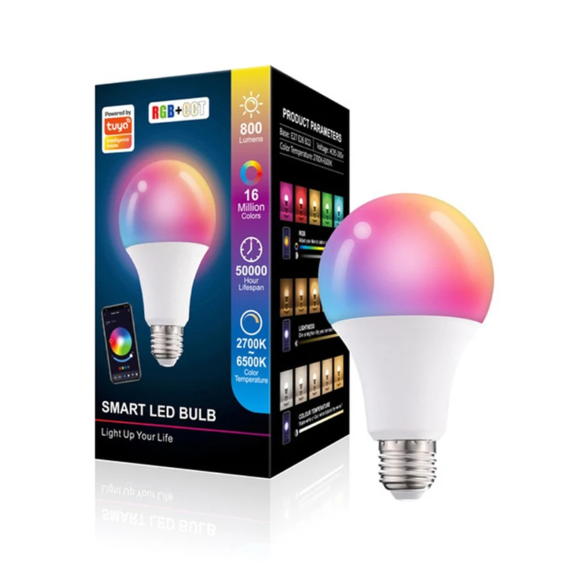 หลอดไฟอัจฉริยะควบคุมด้วยบลูทูธ15W หลอดไฟ LED E27 RGB หรี่แสงได้การตกแต่งบ้าน