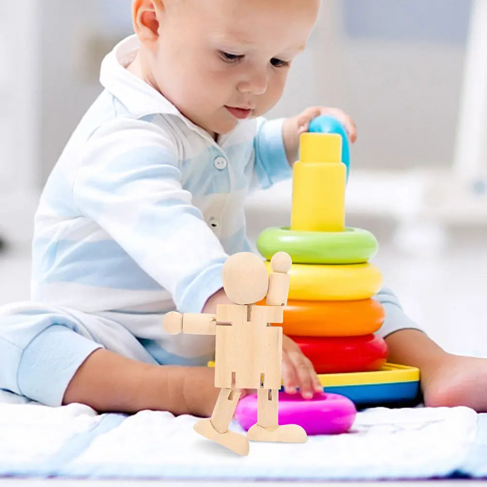 6Pcs Wooden Robot Peg Bodies Unfinished Paintable Figures for Children Crafting Building Drawing Parent-Child