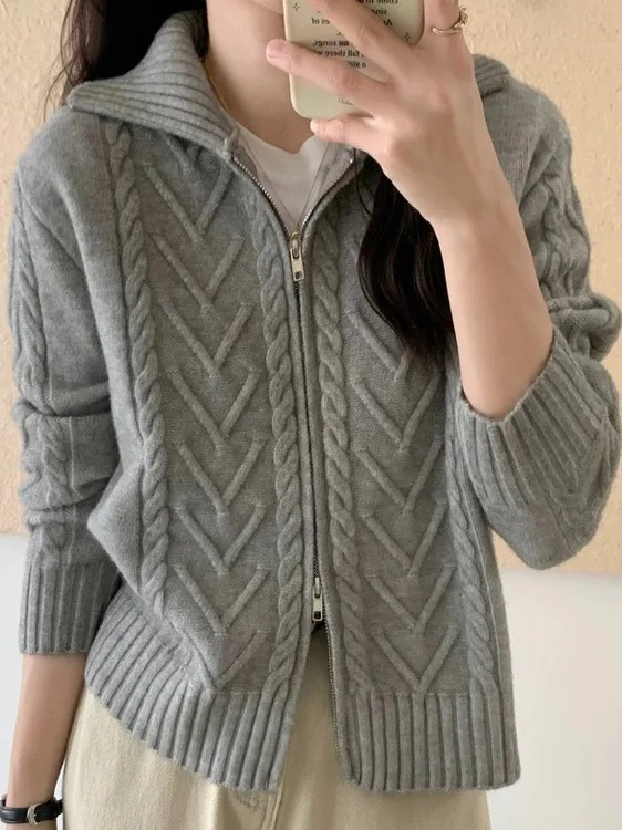 Trendy Loose Knitted Twisted Double Zipper Open Cardigan Sweater Women's Spring Autumn Faion Straight Tube Long Sve Top