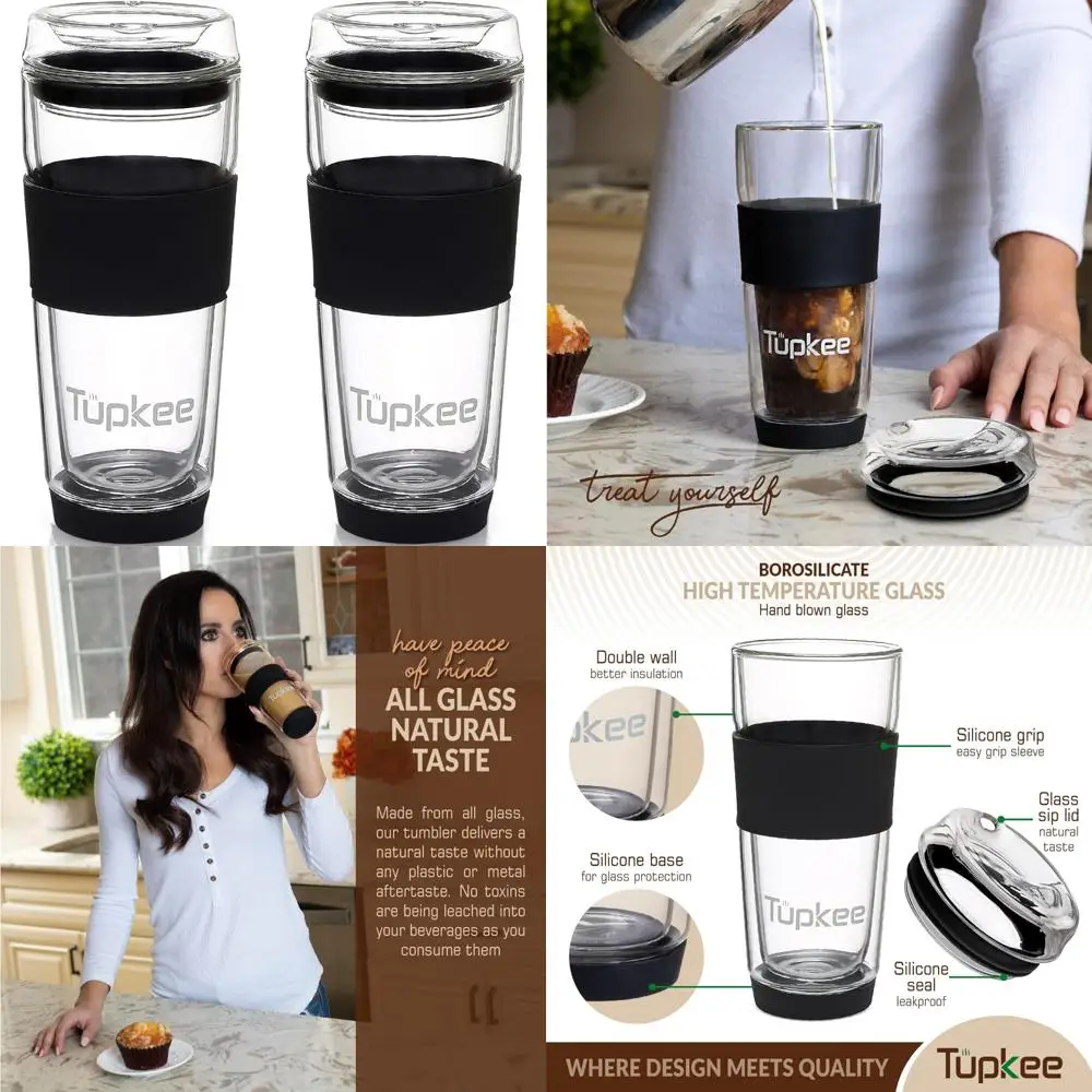 

Tupkee Double Wall All Glass Tumbler - 14-Ounce, Reusable Insulated Tea/Coffee Mug & Lid, Hand Blown Glass Travel Mug - Black -