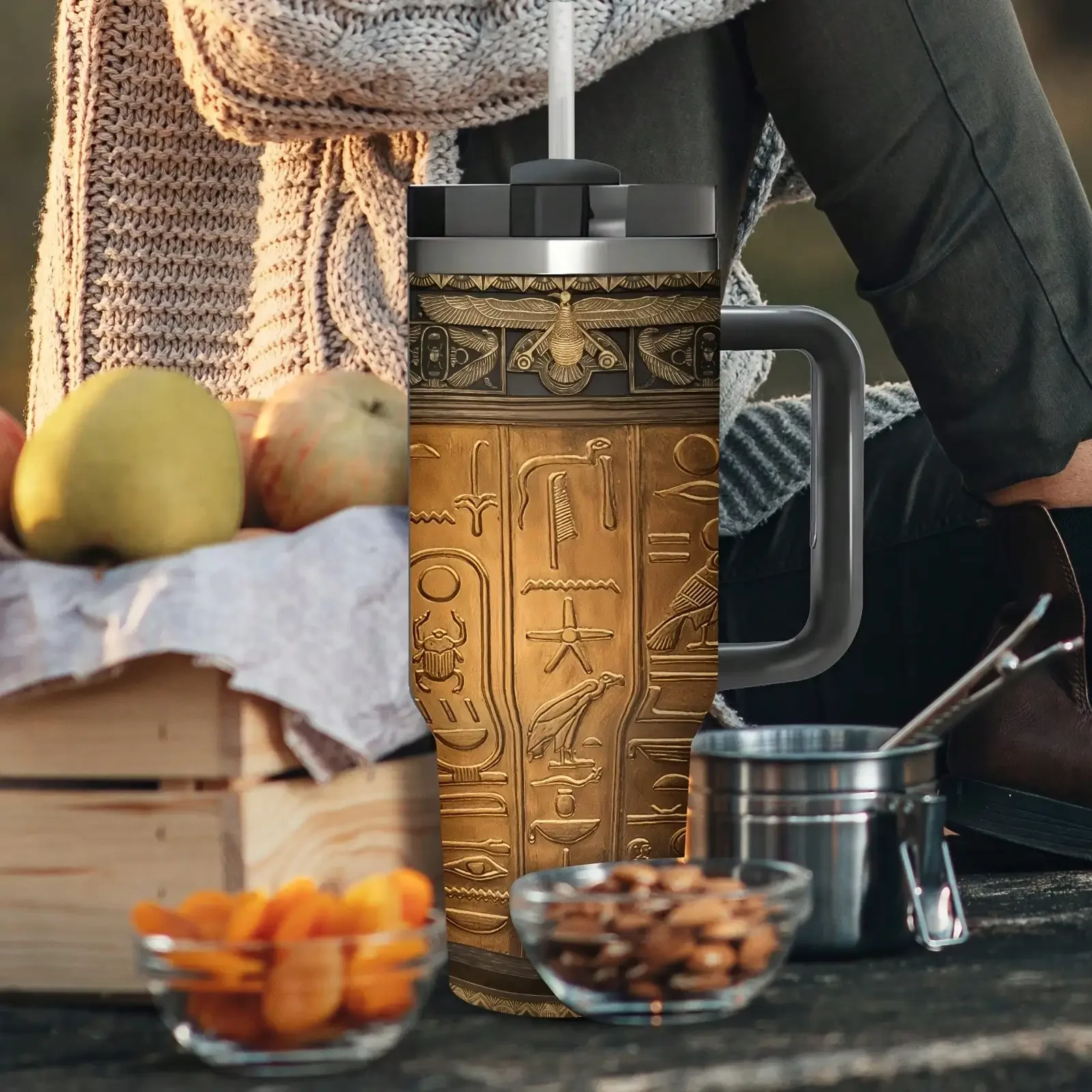 40oz Ancient Egyptian Pharaoh Hieroglyph Tumbler with Handle, Black Gold Embossed Style Stainless Steel Vacuum Insulated Travel Cup with Flip Lid, Large Capacity Leakproof Car Water Mug Gift for History Lovers