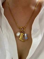 Peri'sbox 316L Stainless Steel Natural Freshwater Pearl Circular Ceramics Shoe Shape Pendant Necklace Women Fashion Unique Gifts
