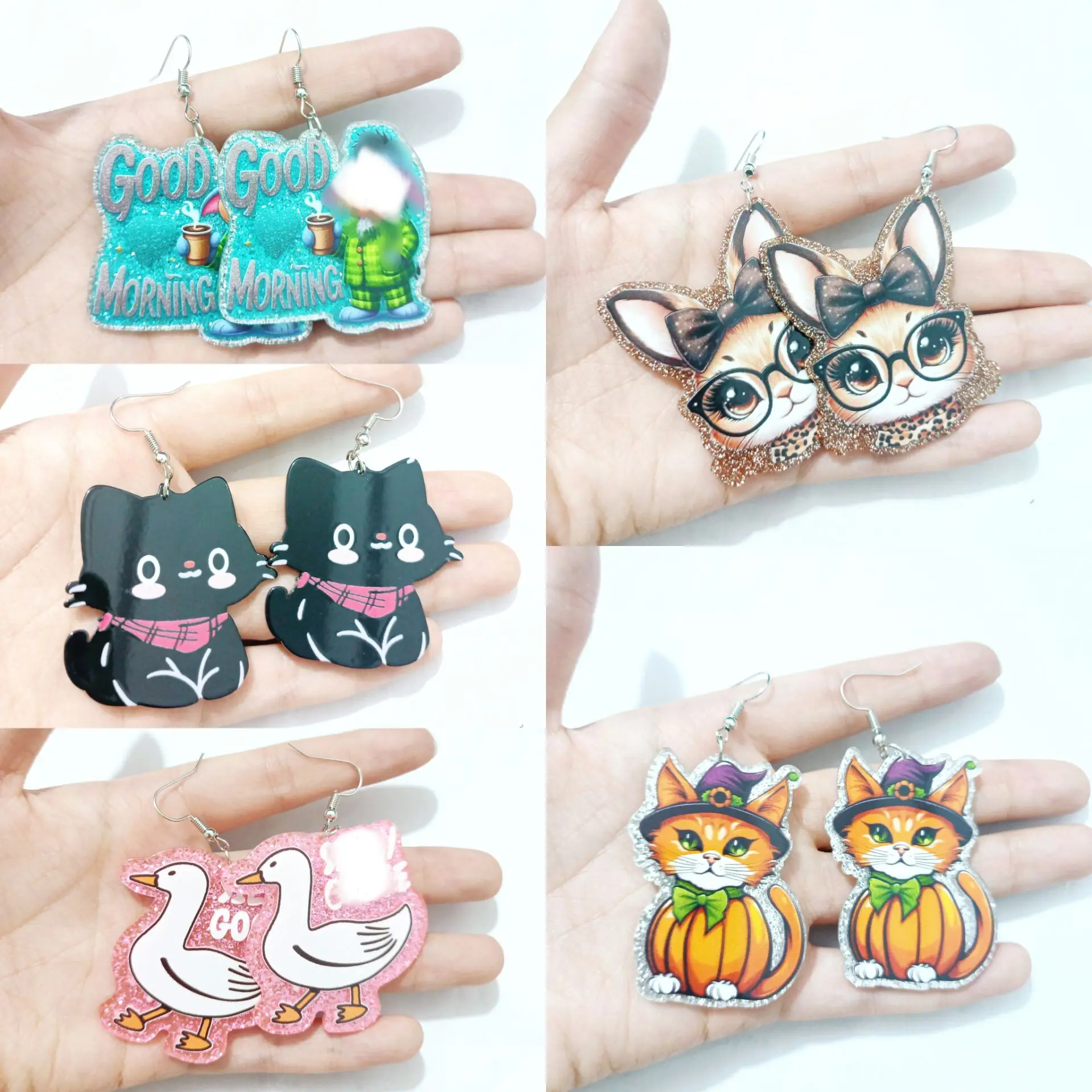 Glitter Cartoon Animal Cat Acrylic Earrings For Women Flat Back Rabbit Goose Charms Dangle Ear Pendants Jewelry Gifts