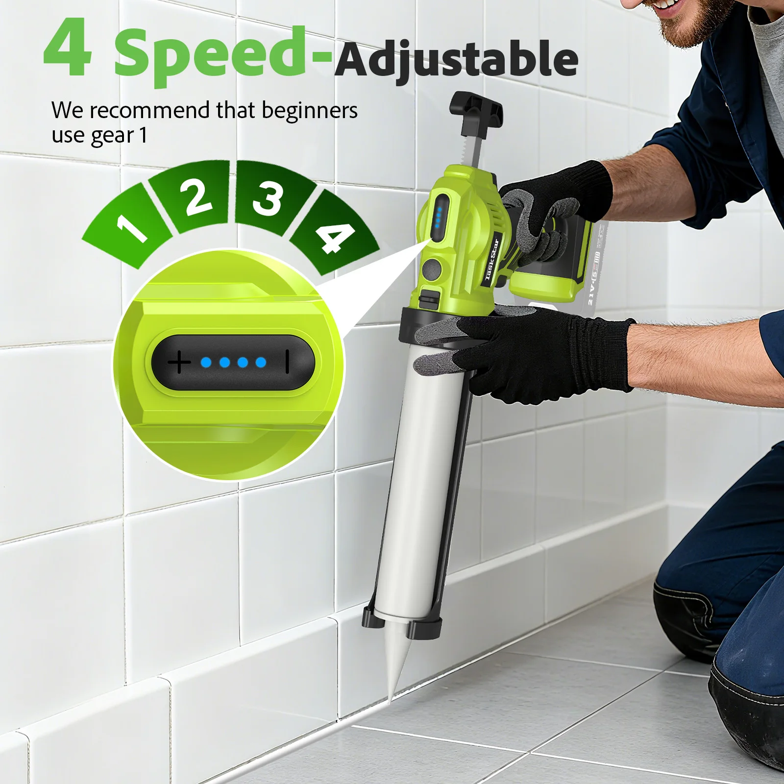 Taskstar TG140 No Drip 250KG 10 OZ Electric Caulking Gun Dripless Cordless with 1*2.0Ah Battery LED Light for Filling and Sealing For Makita Battery view 5