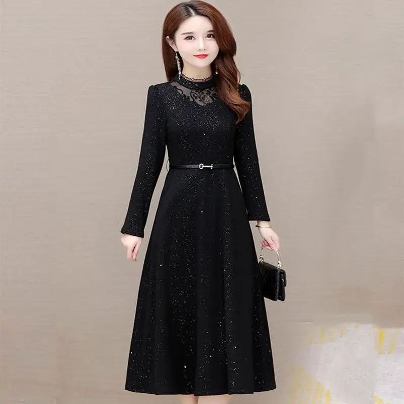 Lace Patchwork Vintage Dress 2024 Spring Fall Long Sleeve Sequin Party Dress Oversized Casual Knee-Length Vestidos With Belt