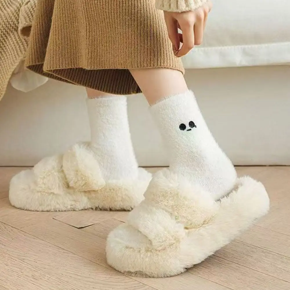 

5Pairs Ins Embroidered Mink Fur Socks Soft Cartoon Sleeping Socks Women Pile Up Sweet Thicken Warm Socks Girls