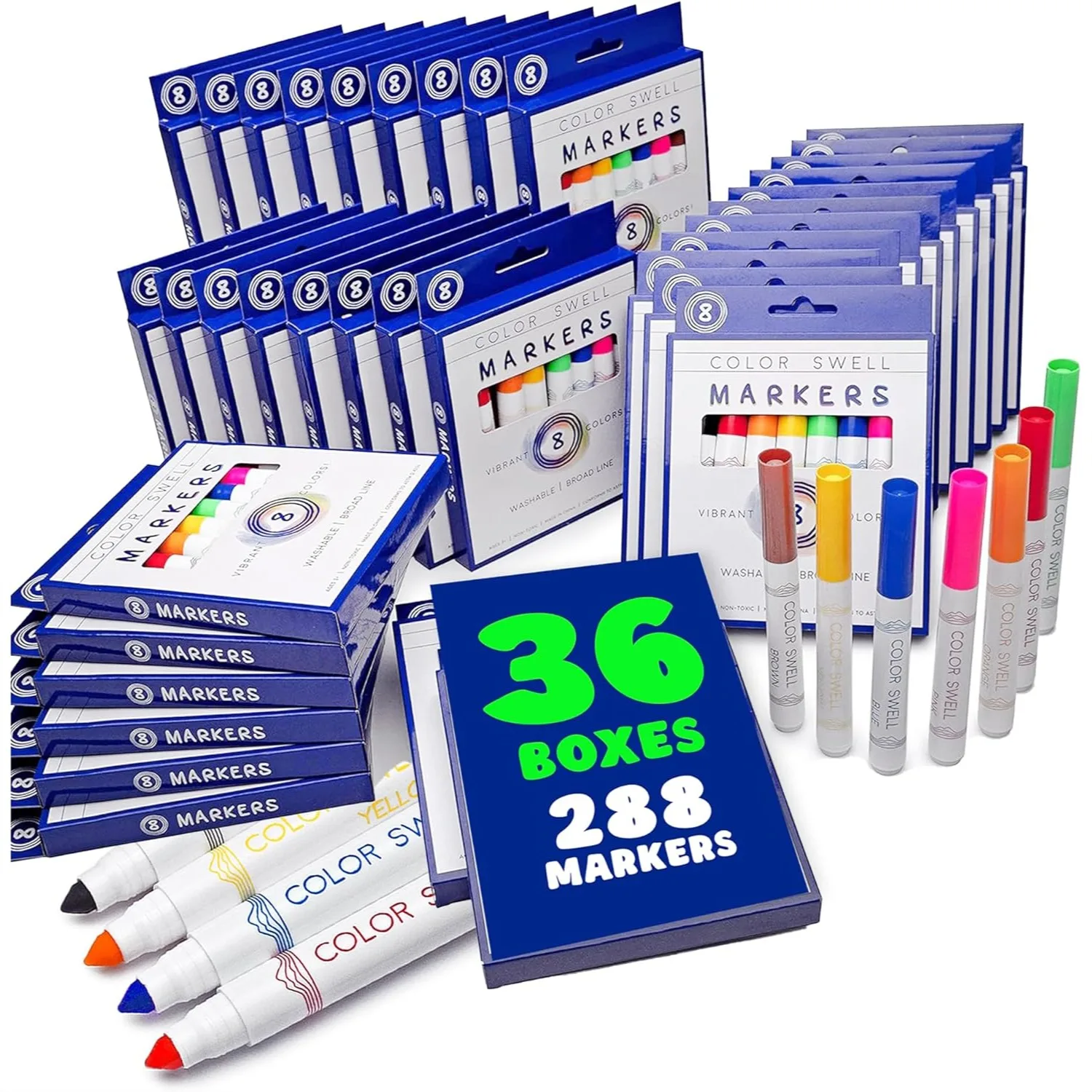 

Bulk Washable Markers 288 Count - 36 Packs of 8 Colors Each for Teachers Kids Classroom Party Favors Donations Students