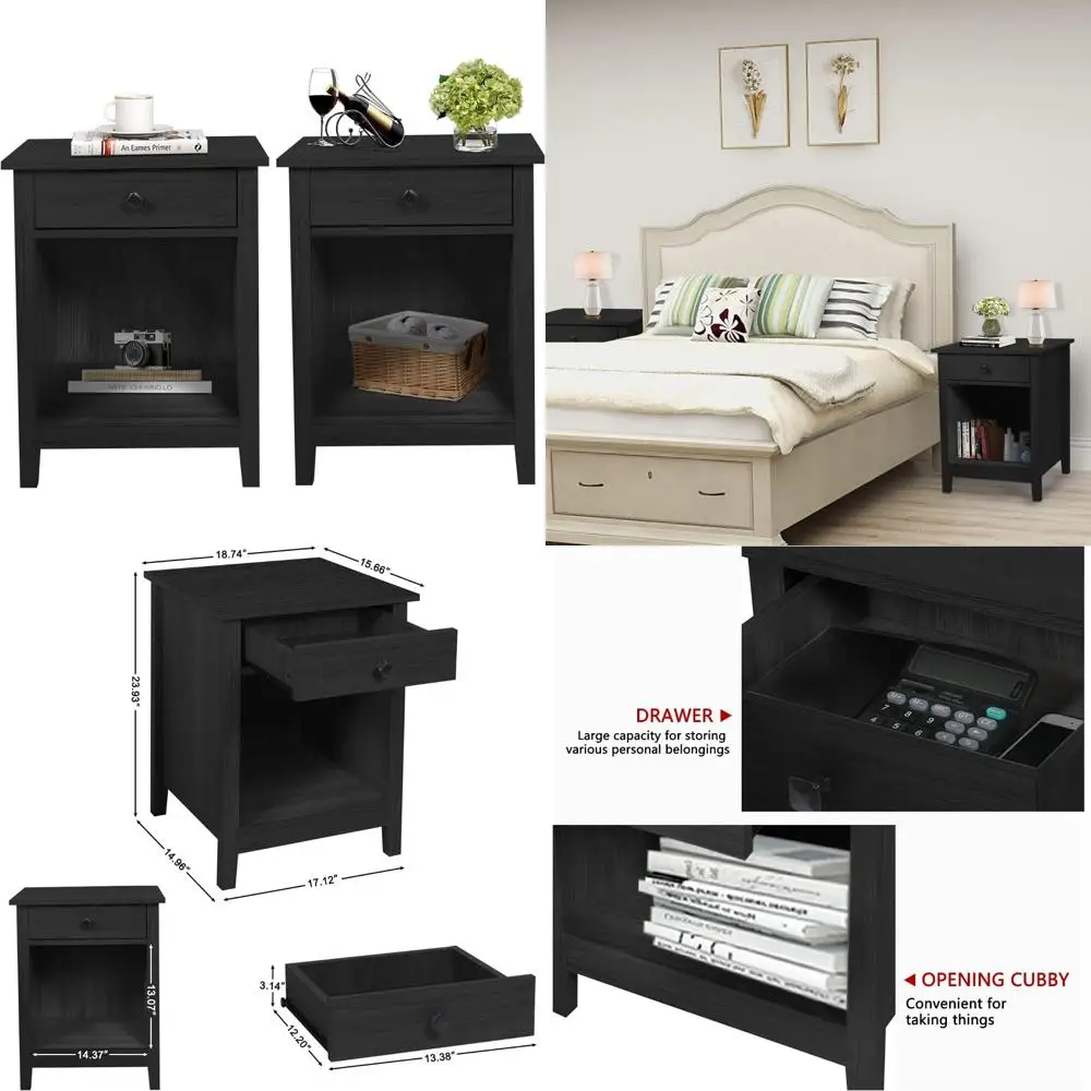 Large Storage Wooden Nightstands Set of 2 for Bedroom, Home Bedside End Tables with Drawers, Extra Large Capacity Furniture