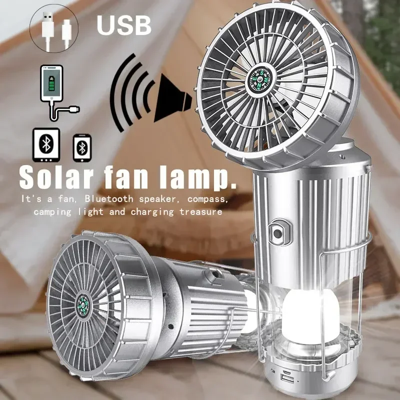 Solar Camping Lantern With Fan Solar And USB Rechargeable Collapsible LED Light Camping Fans For Power Outage Tent Hurricane