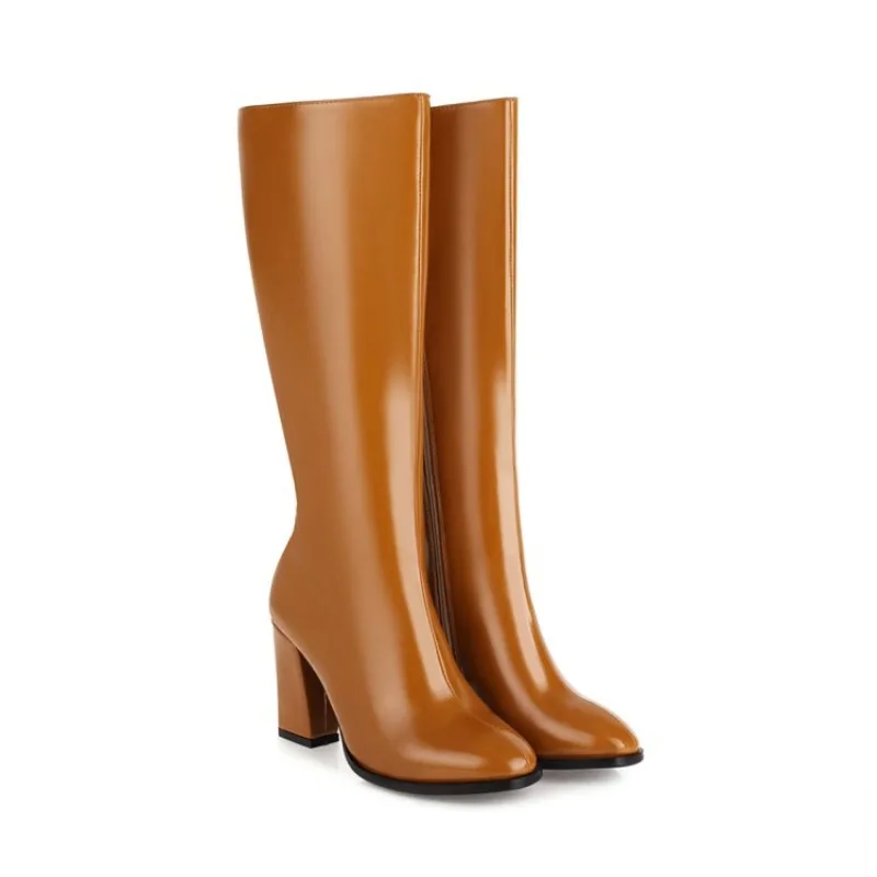 Leather Comfortable Coarse Following 9CM Casual Round Toe Knight Boots Fashion Zipper White Black Yellow High Heel Women Shoes