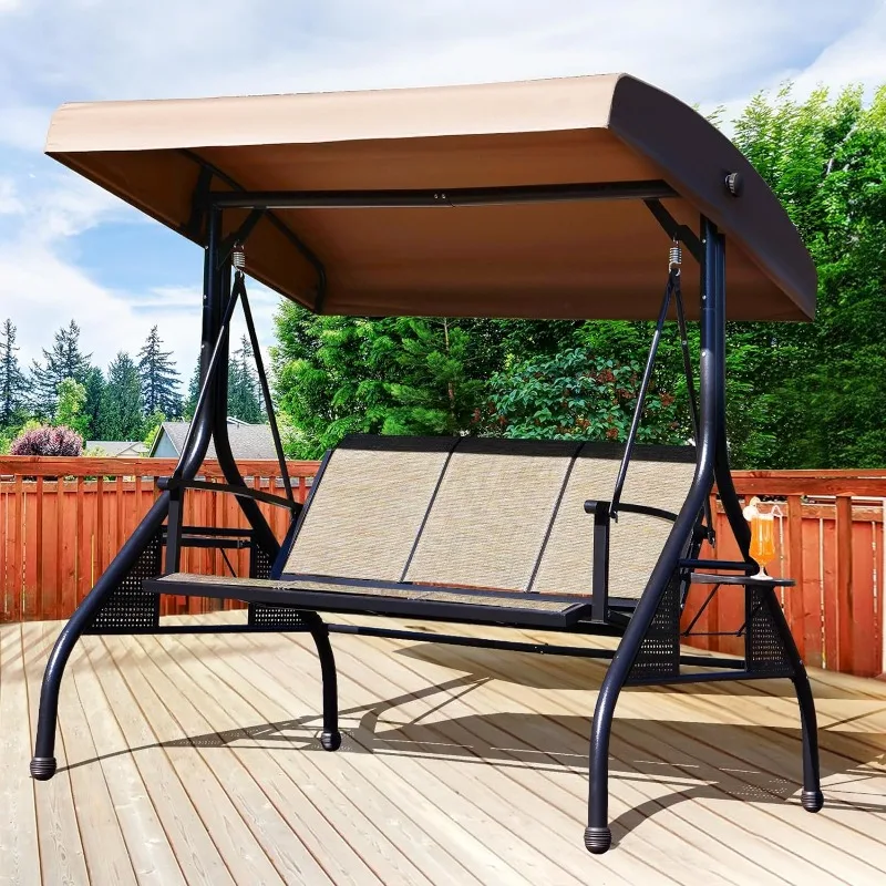 Outdoor Patio Swing with Adjustable Canopy, 3 Seat Outdoor Porch Swing with Cup Holders, Waterproof Textilene Swing Chair