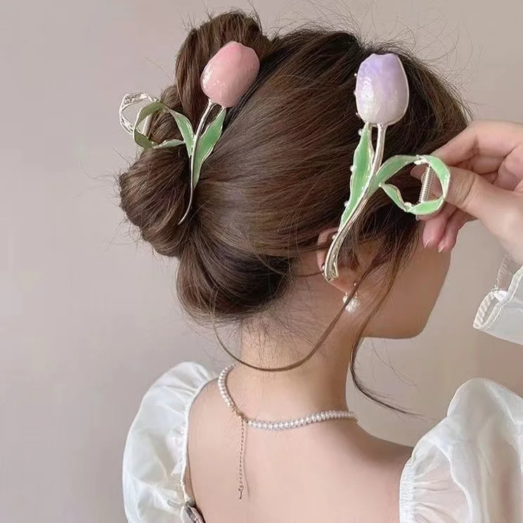 

New Tulip Hair Claw Flower grace Shark Clip Headdress Vintage Ponytail Claw Clip Trendy sweet HAIR CLIP FOR GIRL Hair Jewelry