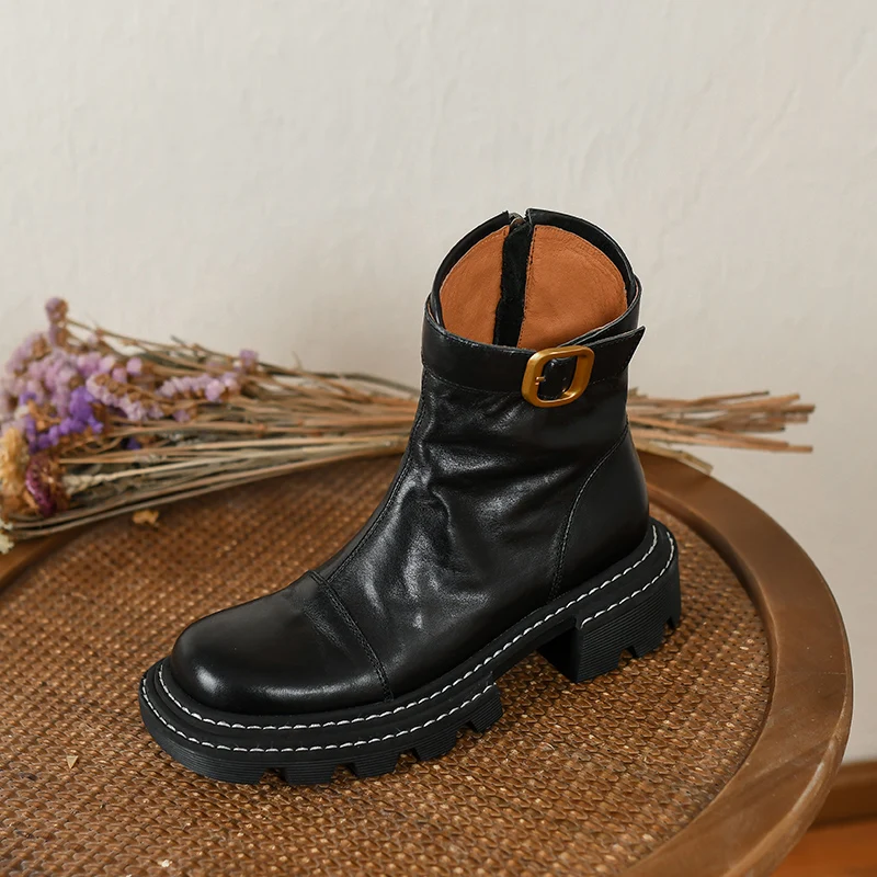 

Round Toe Autumn Spring Short Boots Cowhide Thick Heels Ladies Shoes With Buckle Ankle Boots Side Zippers Women Winter Boots