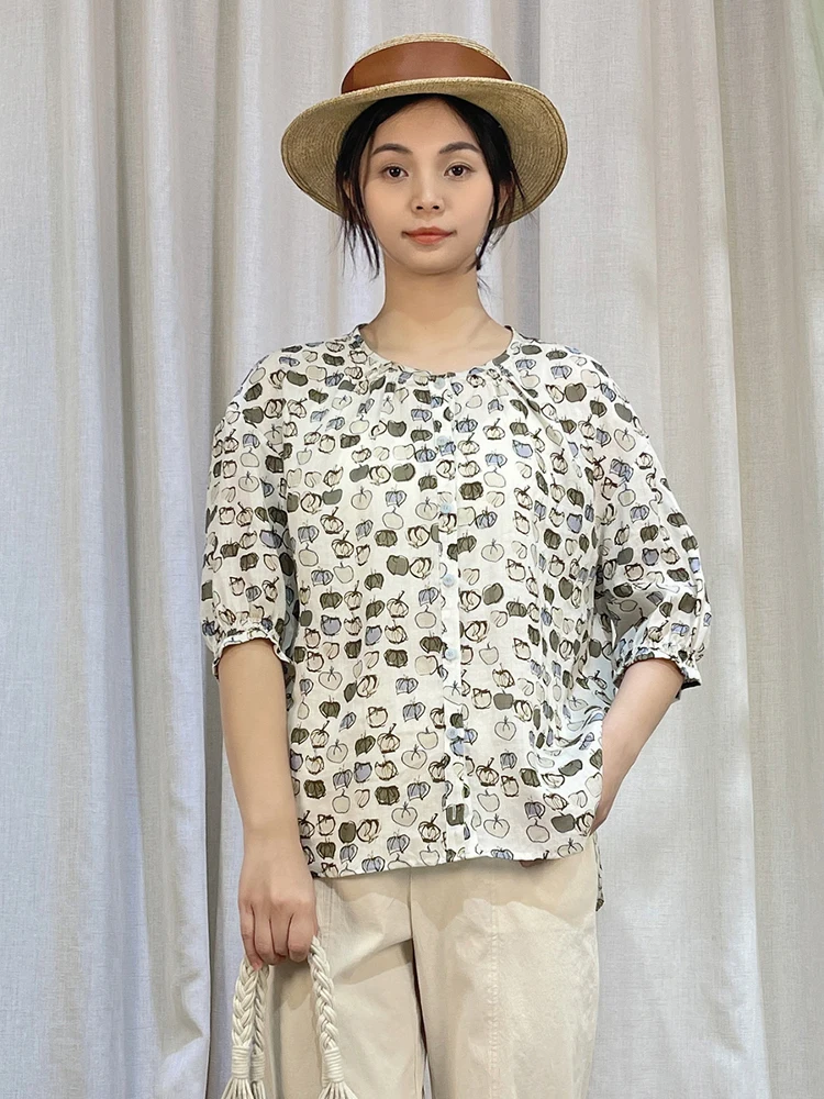 

Loose Fit Floral Print Cotton Linen irt Women's Summer New Sle Stand Collar Artistic Top Y2W04C2389 Commute Sle