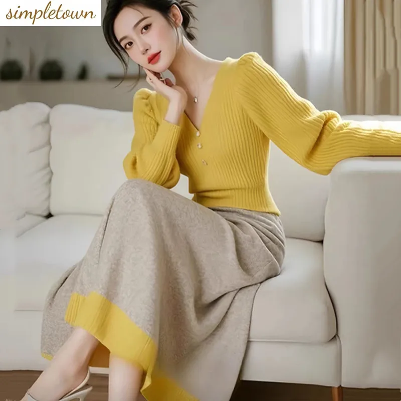 Autumn and winter new socialite temperament casual suit V-neck long sleeved knitted top+skirt two-piece set