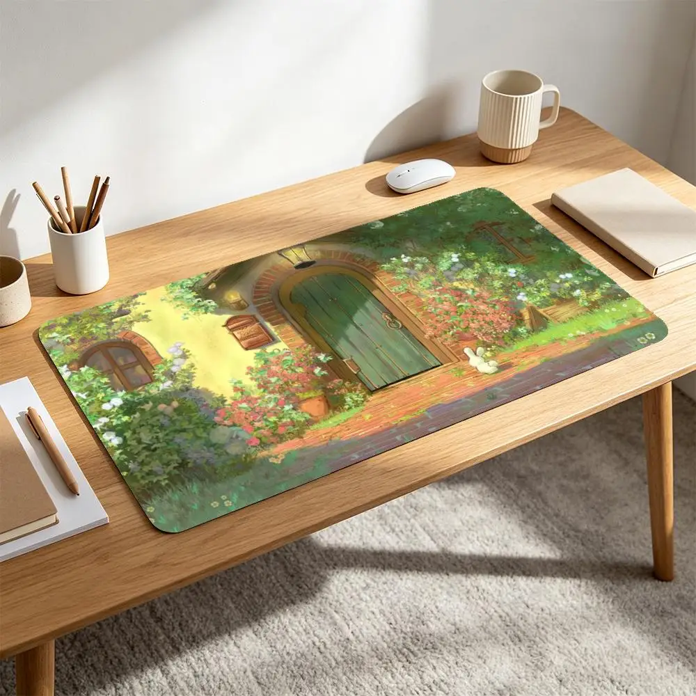 Fairy Tale Cottage Desk Pad Non Slip Rubber Mousepad Anime Garden House Colorful Blooming Plants Vines Cute White Rabbit Warm