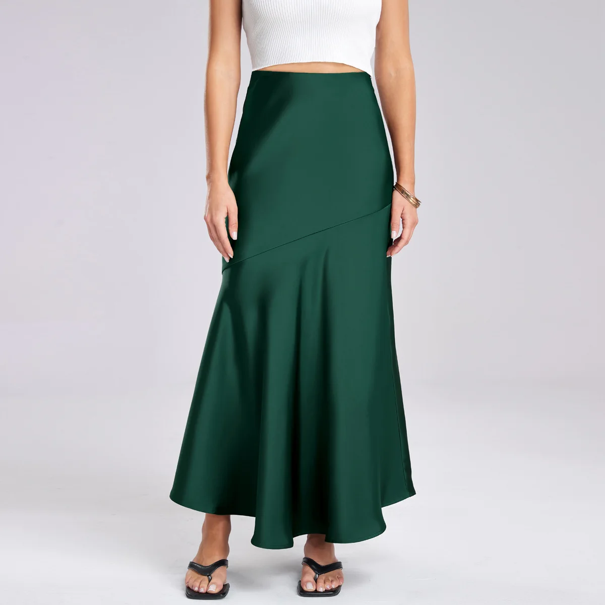 Women's Acetate Satin Midi Skirt with High Waist and Elastic Splicing European and American Slim Fit and Slimming Hip Hugging