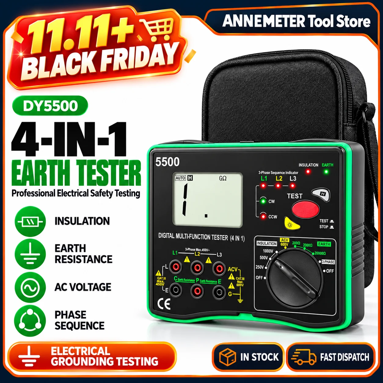 DY5500 Earth Resistance Tester Insulation Tester Megger, 4-in-1 Digital Multimeter 0.01Ω 600V Auto-Ranging Phase Sequence