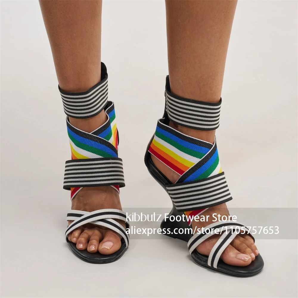 Unique Curved Sculptural Wedge Sandals Open Toe Front Strap Wedge Sandals Rainbow Striped Woven Webbing Wrap-around Band Sandals