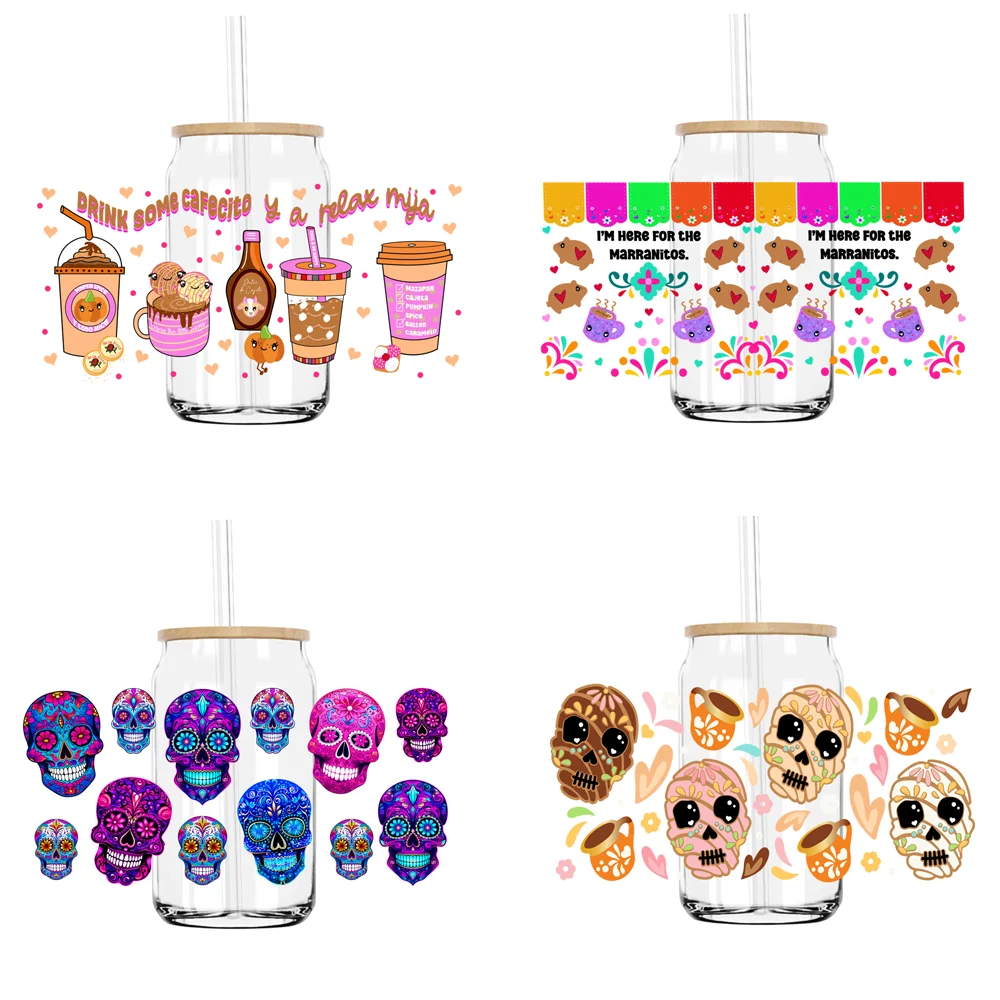 

Mexican Sugar Skull 16OZ UV DTF Cup Wrap Transfers Stickers Custom Labels DIY Durable Waterproof Logo For Libbey Glass Can