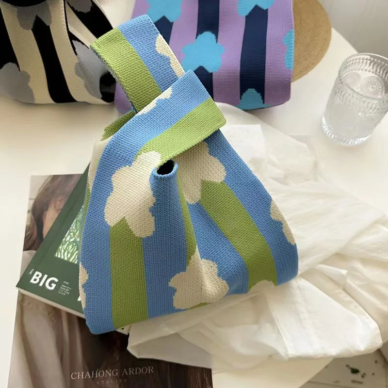 Women\'S Knot Wrist Bag Tote Handmade Knitted Bag Portable Mini Striped  Bucket Phone Bags Large Capacity Autumn Winter Handbags