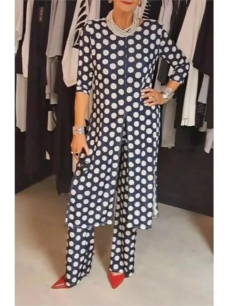 Spring Autumn Fashion O-neck Slit Long Top Long Pant Sets Women Casual Long Sleeve Loose 2Pc Outfit Elegant Polka Dot Print Suit