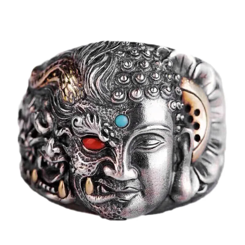 Personalized Domineering Double-side Buddha Demon Ring For Men Jewelry Vintage Agate Ring Male Blessing Amulet Accessories