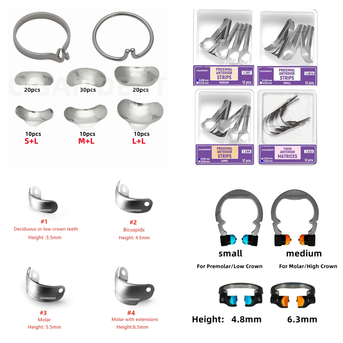 Matriz Dental seccional contorneada, bandas de matriz de Metal, anillo de sujeción de resina, alicates dentales