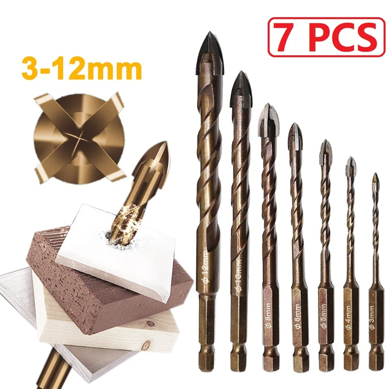 4-edge Cross Hex Drill Bit Set For Concrete Porcelain Tile Glass Metal Drill Bits Kit Tools Carbide Drills 3/4/5/6/7/8/10/12 mm