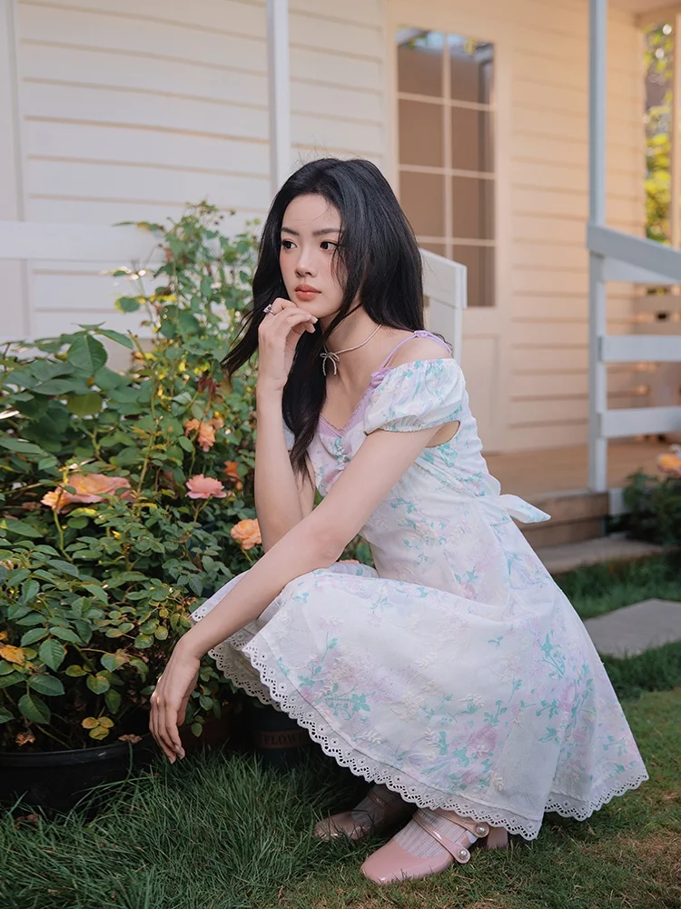 

Retro One oulder Bubble Sve Floral Print Sweet Pure Desire Waist Cinching Slimming Strap Dr Women Summer Dr