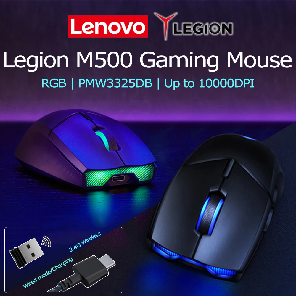 Lenovo Legion M500 Dual Mode Wireless Gaming Mouse E-Sports 2.4G Wired Ergonomic Colorful RGB Light Lower Latency Lightweight