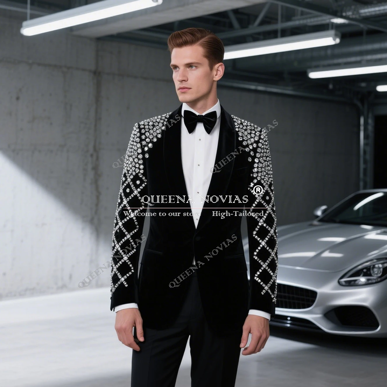 

Diamonds Beaded Banquet Suits Men Single Breasted Prom Tuxedos Customized 2 Pieces Groomm Wedding Dress terno masculino complete