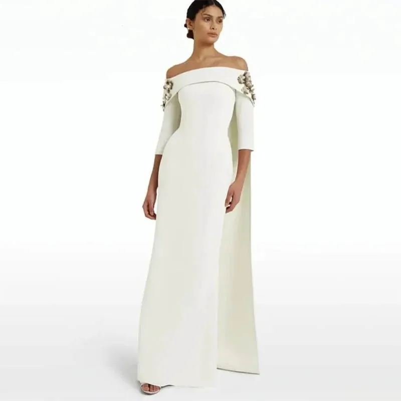 New Arrival Elegant White Vintage Mermaid Boat Neck Half Sleeves Beading Flowers Formal Occasion Evening Dresses Party Gown