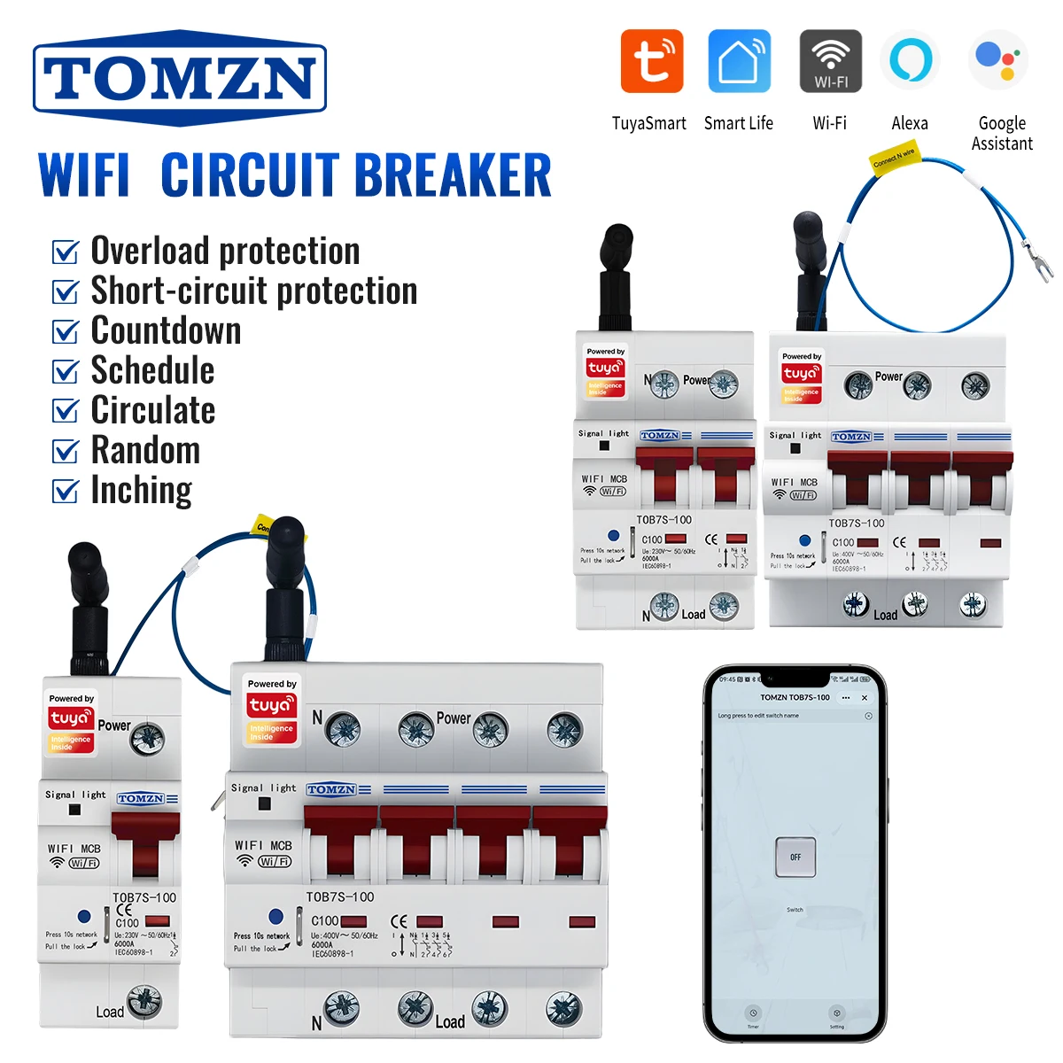 TOMZN WIFI MCB 1234P 230VAC 10-100A TUYA Smartlife Overload Short-circuit Protection Countdown Schedule Circulate Random Inching