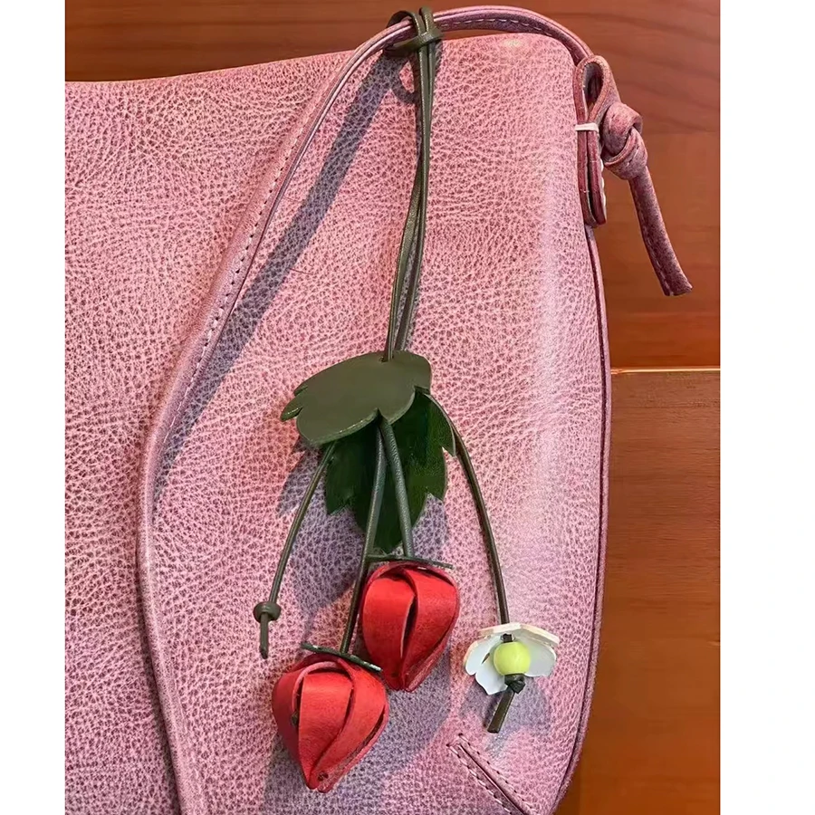 Strawberry Genuine Leather Handmade Bag Charm Keychain Decoration Key Ring Vintage Gift Bag Pendant