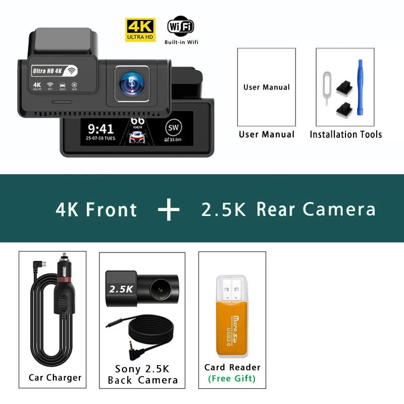 Ultra HD 4K Auto Dashcam, voor- en achtercamera (2.5K), mini WIFI DVR, Black Box, met 24 uur parkeerbewaking, nachtzicht, GPS/achteruitrijcamera