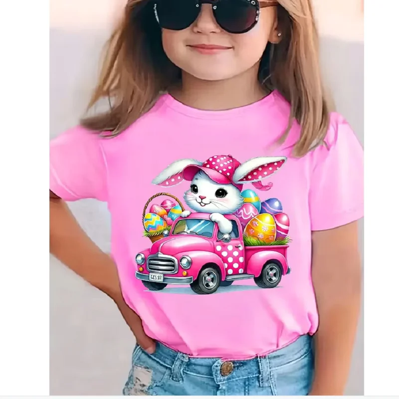 New Summer Easter Egg Bunny Print Children's  Tshirt Casual Casual Girls Short Sleeved Shirts Fashion Kids Clothes Tees Top
