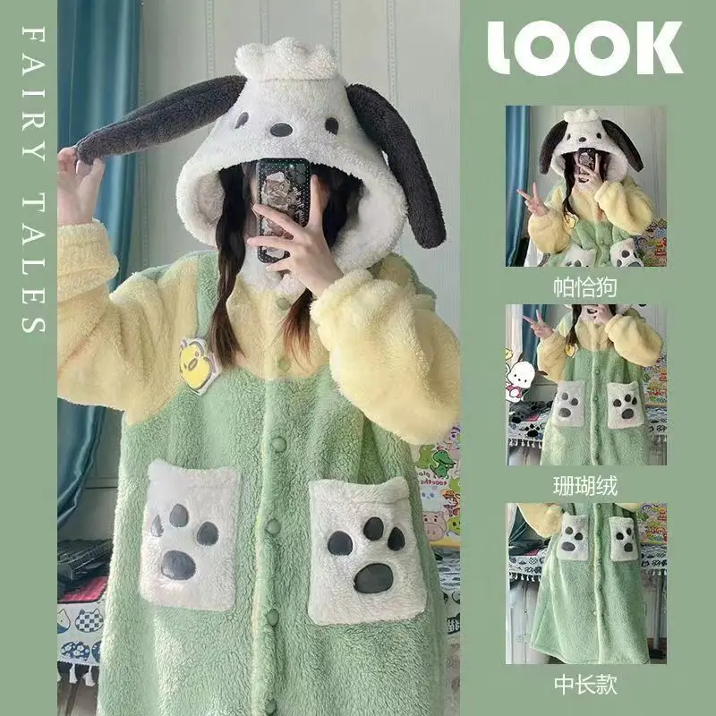 Hiver femmes Hello Kittys chemise de nuit dessin animé Sanrios corail velours cannelle pyjamas épaissi mignon longue peignoir salon porter