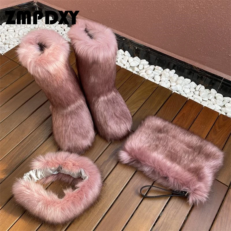 High Quality Faux Fur Winter Snow Boots Headband and Handbags Set for Women and Kids Outdoor Warm New Hot Sale Shoes Bag Sets